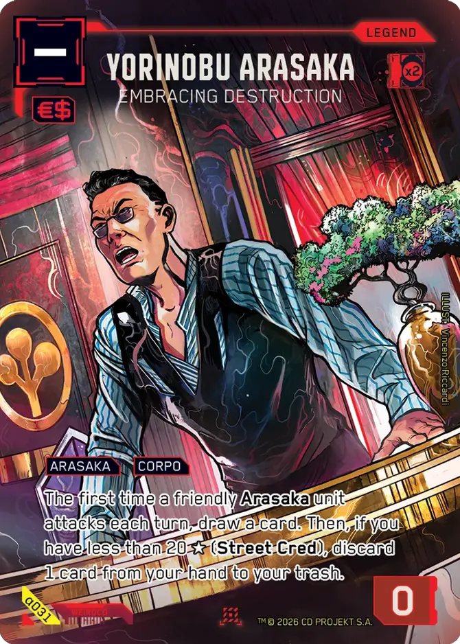《Cyberpunk Trading Card Game》众筹页面主视觉图：霓虹光晕笼罩下的夜之城天际线，前景为金属质感卡牌阵列与标志性义体手部特写，整体风格高度还原游戏赛博美学