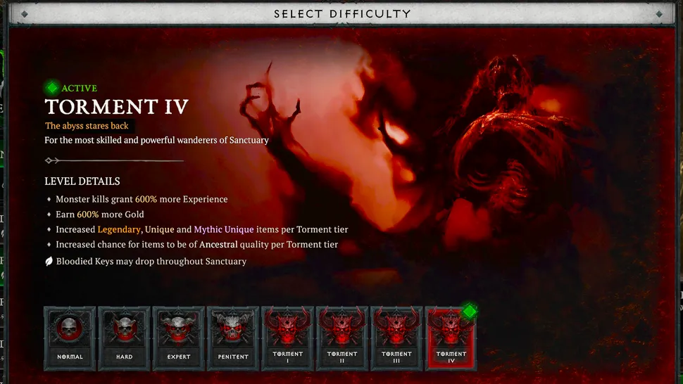 《暗黑破坏神4》折磨难度选择界面特写：左侧显示Torment I至XII共12个等级图标，右侧动态呈现对应难度下精英怪形态变化、环境火焰强度提升及掉落光效增强对比