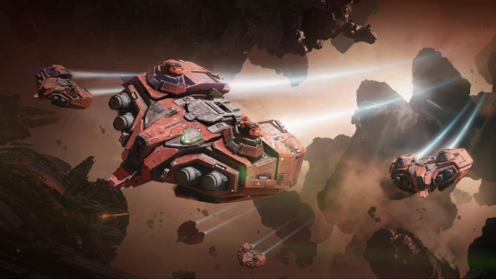 《星际猎人》游戏内天玑护航艇三维建模特写，流线型深灰舰体泛金属冷光，舰首双联装鱼雷发射舱开启，背景为星云缭绕的太空战场