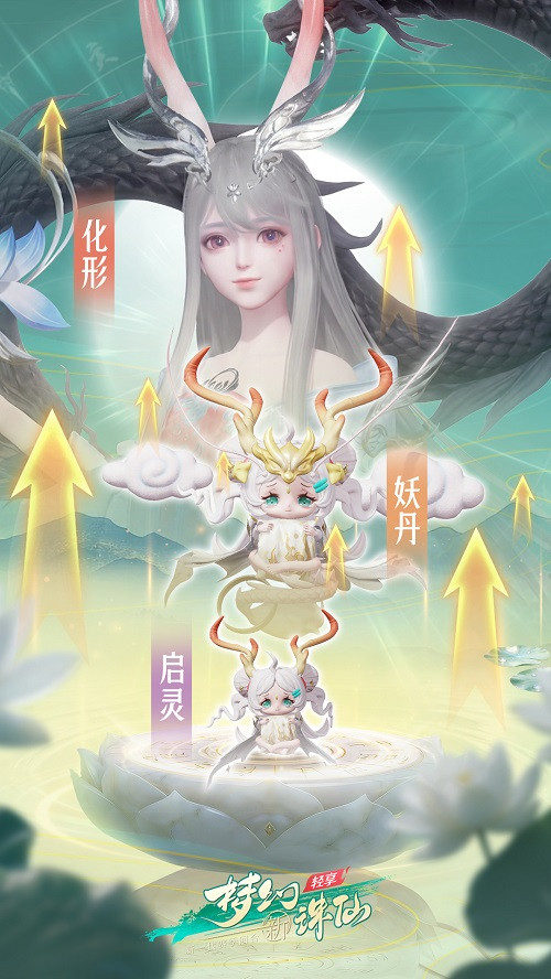 战宠成长对比图：左侧为初始形态雪白小狐，右侧为三阶进化后通体银蓝、额生月纹、四尾缭绕星辉的成熟体，中间箭头标注‘灵魄凝形’进阶节点