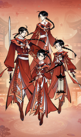 角色穿戴‘飞花剪梦’时装实机截图：红衣修士立于桃花树下，衣袂翻飞间镂空花纹透出淡粉光晕，肩头三瓣白花缓缓旋转飘落，背景水墨粒子随呼吸律动