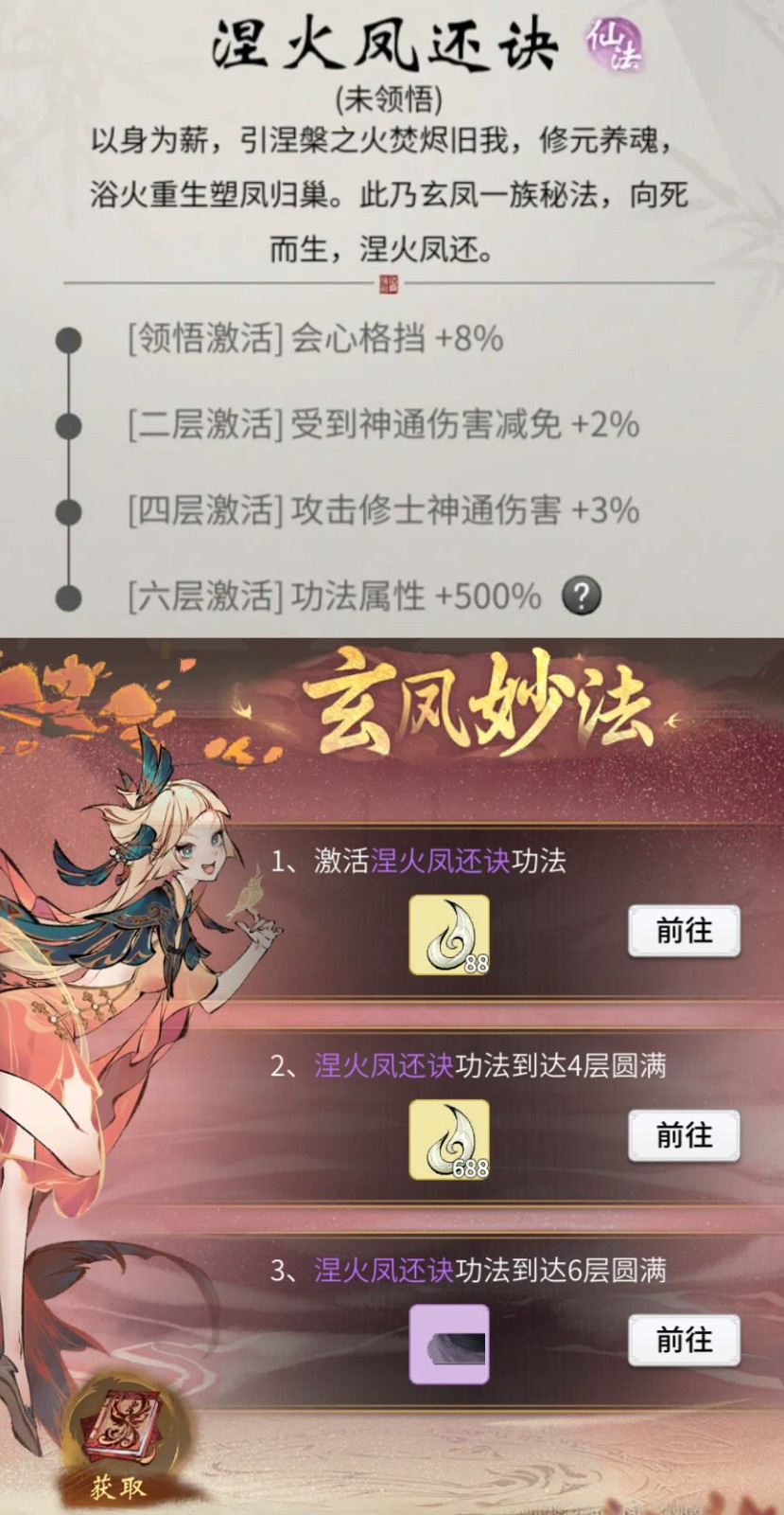 ‘涅火凤还诀’功法界面特写：卷轴展开呈现凤凰涅槃动态插画，右侧实时显示当前层数、格挡加成数值及未领取的机缘/道号奖励图标