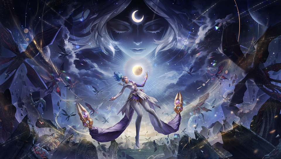 《火炬之光：无限》SS12赛季前瞻PV静态截图：角色立于巨型发光竖琴前方，身后是布满古老石雕的环形遗迹，冷蓝色能量波正从琴弦迸发，席卷整片月光石阵