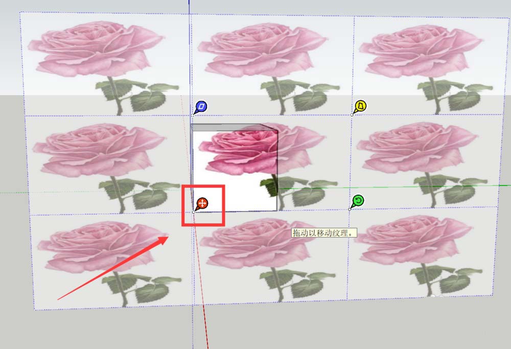 使用收缩图标调整后效果，花朵图案尺寸明显缩小，紧密适配墙面瓷砖分割线，纹理边缘无拉伸失真