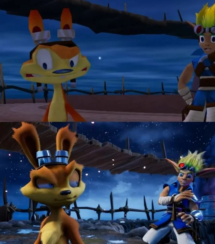 《杰克与达斯特：旧世界的遗产》过场动画重制对比图：左侧为2001年PS2原版低分辨率建模与简单贴图，右侧为Sanzaru Games逐帧重制后的高清版本，角色表情细腻、光影层次丰富、背景细节饱满，整体呈现电影级视觉质感