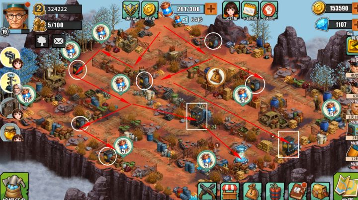 军火岛第1-2图钥匙与箱子分布特写，红圈标出3把关键钥匙位置，蓝框锁定2个方形大箱坐标，绿色虚线连接最优拾取顺序