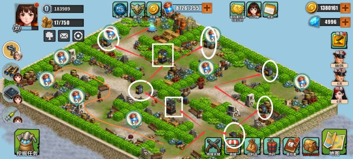 军火岛第3-4图俯视结构图，清晰展示建筑遮挡区内的隐藏小箱（含海岛图漏标入口箱）及相邻大箱开启动线