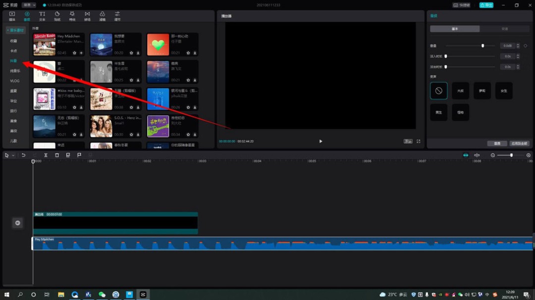 剪映专业版音频面板特写：‘剪映音乐’分类标签高亮，下方滚动展示多首带封面与热度标识的推荐BGM