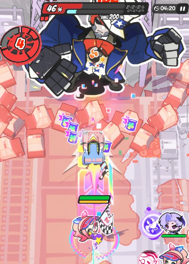 技能示意图：以霓可为中心的同心圆距离标尺，标注‘安全接车区（0.8–1.6m）’与‘失手警戒区（＜0.8m/＞1.6m）’，箭头动态演示小车三次弹射轨迹及对应buff层数增长节点