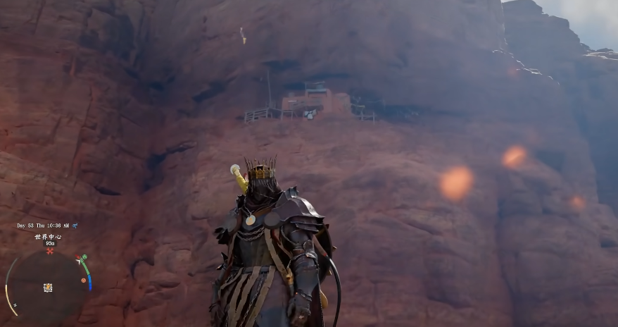 居所入口：厚重铁门敞开，暖黄灯光溢出，门框上方悬挂旋转的小型擒纵机构，发出规律滴答声