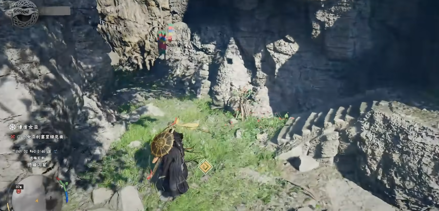 工坊全景镜头：暖光笼罩的巨大环形工作台，中央悬浮着发光齿轮阵列，谦虚女巫侧影映在身后布满精密图纸的玻璃幕墙