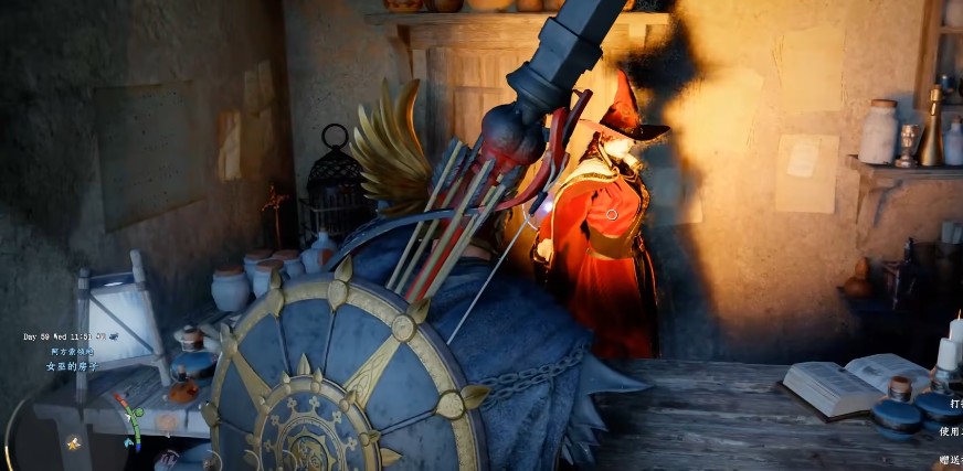 室内交互界面：女巫抬手轻点桌面，半透明炼药台浮空展开，展示七种基础药剂合成路径；货架上陈列着发光的‘月蚀鳞片’与‘静默苔核’等稀有材料