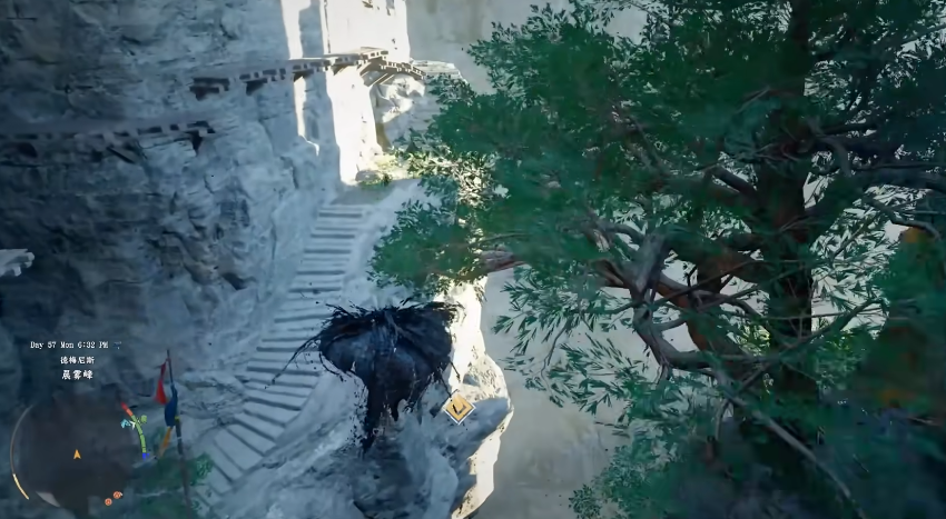 断崖平台全景：玩家立于赭红岩石边缘，脚下云海翻涌，前方悬浮泛蓝光的冰晶屏障，中央篆体‘巽’字缓缓旋转