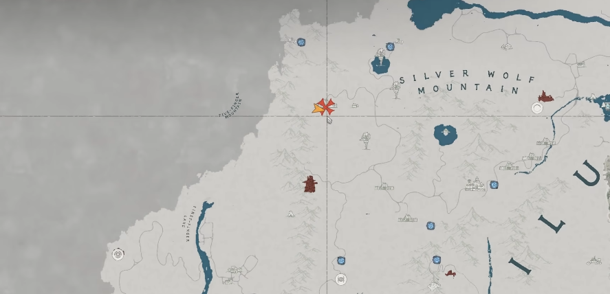 游戏实机画面：镜头俯拍威斯玻利普城堡全景，左上角标注红色箭头指向远处一座孤立的砖红色小屋，屋顶半塌，窗框漆皮剥落