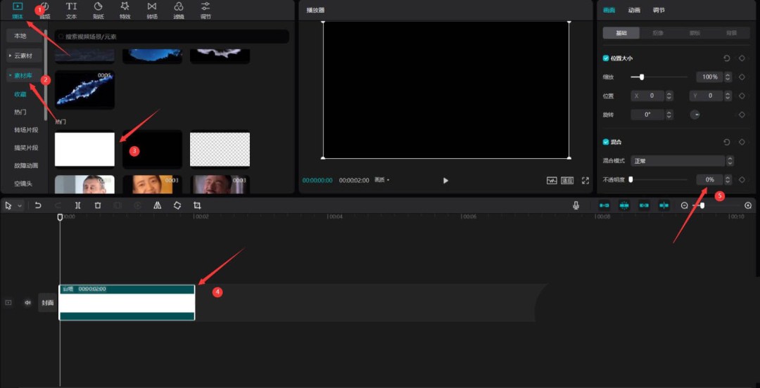 剪映界面截图：时间线上显示2秒白色素材，右侧参数面板中不透明度数值明确标注为0%