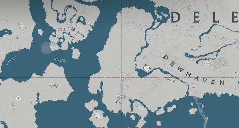 风息山丘远景俯瞰图：灰绿色丘陵绵延，中央矗立一座尖顶石塔，塔身布满裂痕与古老浮雕，氛围神秘肃穆