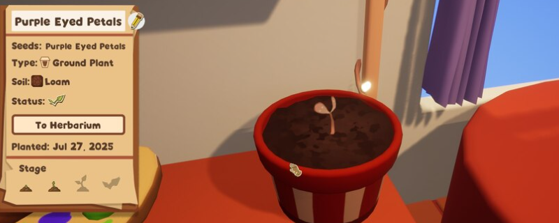 《Garden in》游戏界面截图：左侧为干枯植物特写，右侧UI显示‘浇水’交互按钮高亮，背景是柔和水彩风格庭院