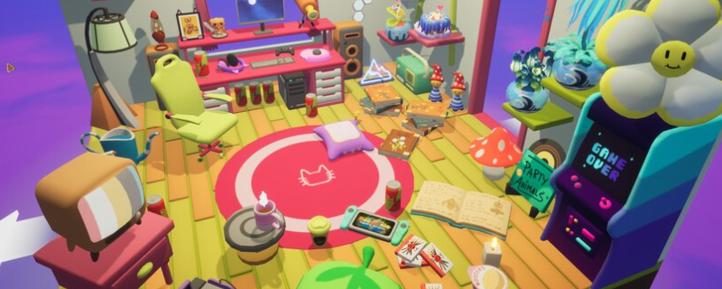 《Garden in》游戏内界面特写：半透明悬浮调色盘图标位于画面右上角，背景为柔焦处理的浅灰房间与漂浮云朵状天空盒，左侧隐约可见三把未上色的木质座椅轮廓