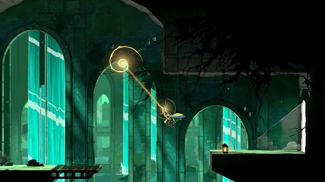 角色技能界面特写：左侧为可切换的三把传奇武器（银鞭、圣水瓶、月光刃），右侧显示动态变化的地图节点，已解锁区域呈暖金色，未探索区域笼罩在幽蓝雾气中，界面顶部悬浮着倒计时沙漏与‘诅咒值’进度条