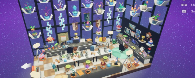 《Garden in》游戏主界面截图：阳光洒落的木质阳台，三盆形态各异的绿植静置在藤编花架上，背景可见半开的推拉门与朦胧庭院