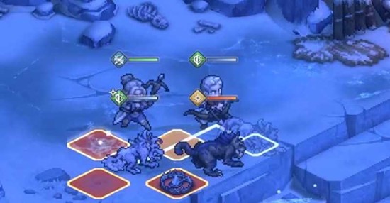 游戏内实机截图：棋盘上呈扇形分布的幽蓝色冰霜地刺图标，一名敌方刺客正踩中其中一枚，头顶弹出‘行动中断’与‘冰寒’双重状态提示