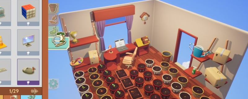 《Garden in》游戏主界面截图：阳光洒落的静谧庭院中，一株泛着柔光的粉色小花微微摇曳，UI右下角清晰显示‘轻触抚摸’交互提示