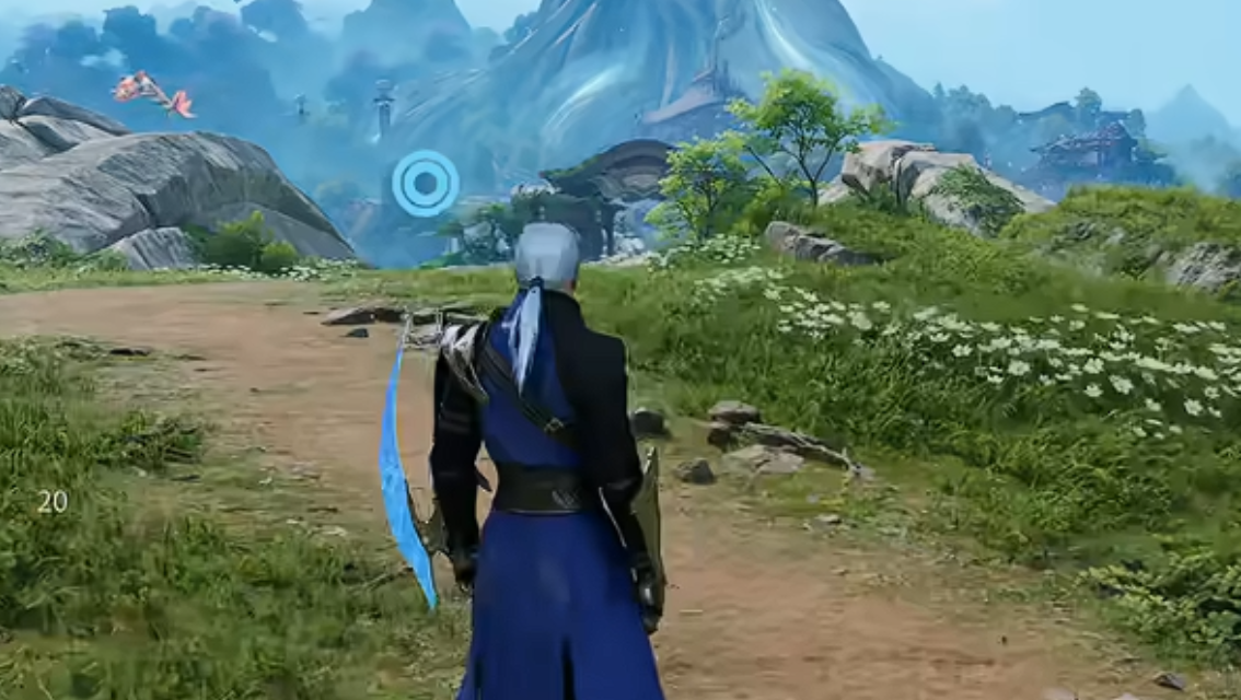 游戏界面特写：玩家角色正对河道巨灵释放远程技能，巨灵周身泛起扩散状蓝色涟漪，头顶显示+120加速buff图标