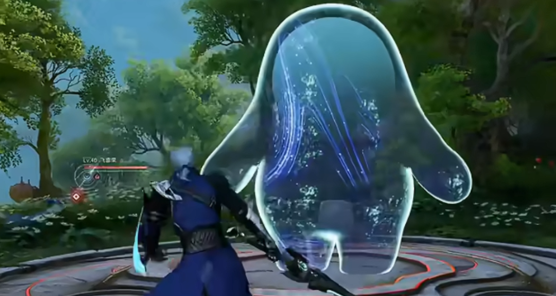 动态过程截图：巨灵沿S形河道平稳推进，玩家角色小跑跟随，画面右上角UI显示‘距离法阵：8m’倒计时提示