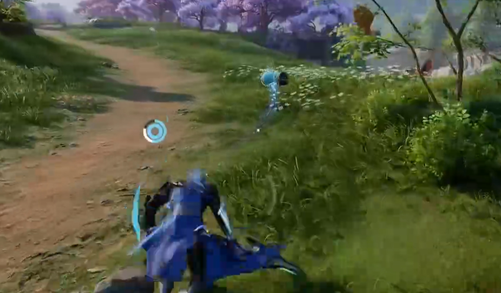 全景镜头：夕阳下整条河道波光粼粼，三只不同颜色的巨灵（蓝/紫/金）同步漂移，最终汇入远方巨型环形法阵，构成震撼视觉长卷