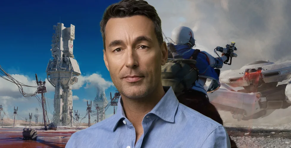 Nexon总部办公区实景照片：现代感玻璃幕墙建筑内，多名开发者围站在一块写满架构图与AI流程符号的大型数字白板前，神情专注而凝重