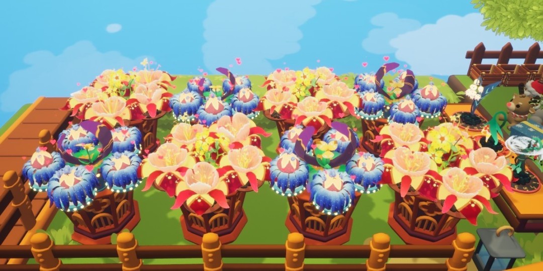 惊艳的玩家创作花坛实景：多层阶梯式木架上密布48盆形态各异的成熟植物，叶片交叠、光影错落，宛如自然生长的艺术装置