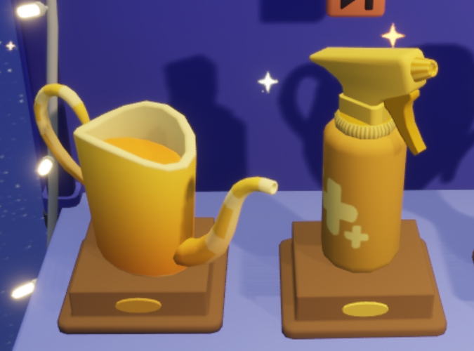 《Garden in》房间布置截图，木质地板上整齐陈列两座浮雕奖杯，左侧为水滴造型‘浇水壶奖杯’，右侧为喷雾罐造型‘杀虫剂奖杯’，周围绿植枝叶饱满无枯萎迹象