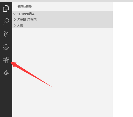 VS Code左侧活动栏高亮显示扩展图标，界面清晰简洁，鼠标悬停在方块按钮上