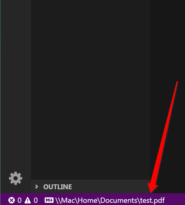 VSCode底部状态栏特写：绿色成功提示文字‘Exported to ./test.pdf’，路径可点击跳转