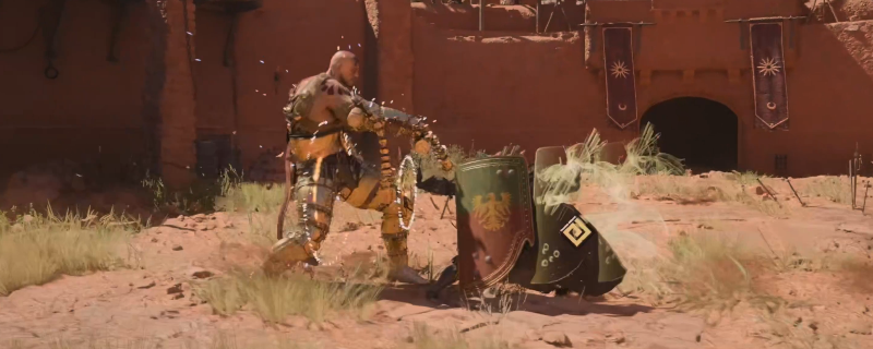 《红色沙漠》游戏内格斗之神手套特写界面：暗红皮质护手镶嵌青铜齿轮纹章，手腕处浮现动态连击计数光效，背景为白骨坑竞技场斑驳石壁