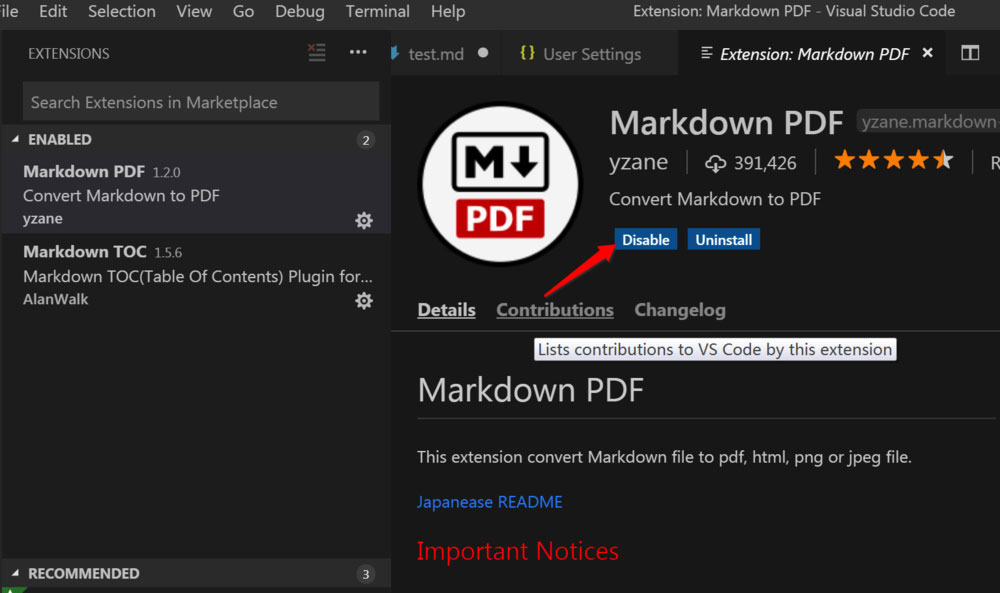 VSCode界面中已启用Markdown PDF插件的扩展面板截图，插件状态显示为‘已启用’，图标为蓝色PDF文档样式