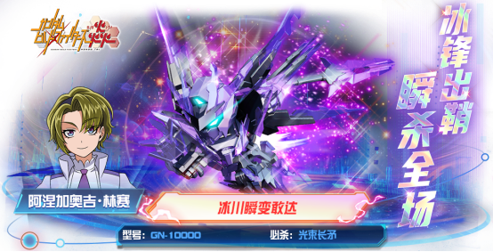 冰川瞬变敢达全身立绘展示图：机体通体覆盖冰蓝色渐变装甲，肩部与裙甲嵌有流动态霜纹光效，背后悬浮三枚泛着寒光的浮游刃，背景为极地冰原与撕裂云层的冷色调战场